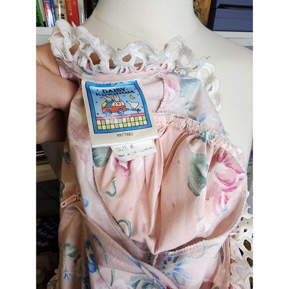 Vtg Daisy Kingdom Pink Floral Fit & Flare Dress Lace Trim Puff Sleeve Girls Sz 6 - Picture 7 of 8